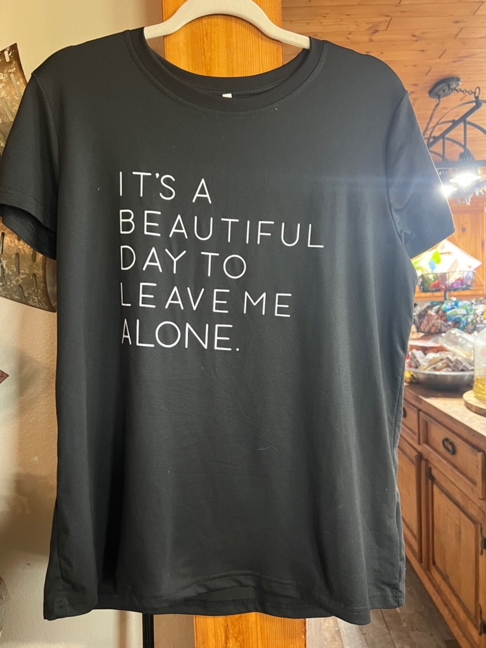 Black Graphic Crewneck Tee - "It's a Beautiful Day to Leave Me Alone."